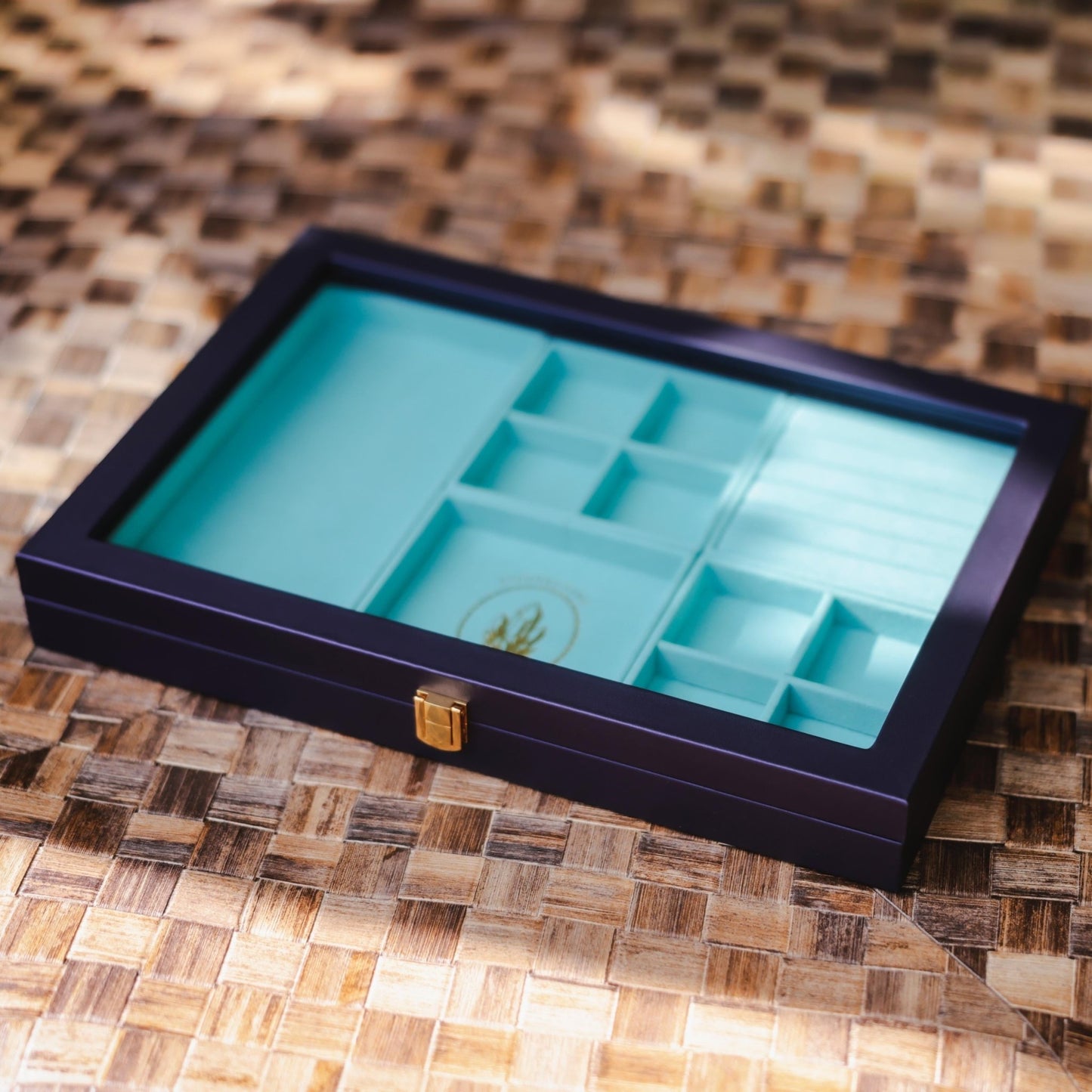 Blue and purple modular jewelry box with compartments 